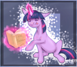 Size: 963x838 | Tagged: safe, artist:blueberrychill, twilight sparkle, g4, book, female, glowing horn, horn, solo