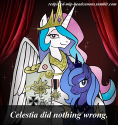 Size: 656x694 | Tagged: safe, princess celestia, princess luna, g4, /mlpol/, altbrony, clothes, greatcoat, headcanon, hitler did nothing wrong, iron cross, redpilled-mlp-headcanons, s1 luna, smiling, sparkles