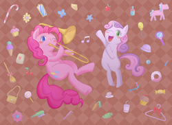 Size: 1000x729 | Tagged: safe, artist:ryo-tele, pinkie pie, sweetie belle, g4, musical instrument, pixiv, trombone