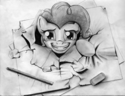 Size: 1304x1000 | Tagged: dead source, safe, artist:hereticofdune, pinkie pie, g4, female, fourth wall, grayscale, monochrome, solo, traditional art