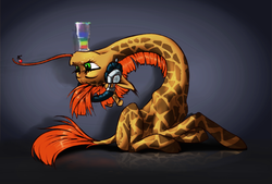 Size: 1500x1014 | Tagged: safe, artist:madhotaru, oc, oc only, oc:twiggy, giraffe, balancing, cherry, drink, flexible, headphones, long legs, long neck, long tongue, prehensile tongue, prone, slender, solo, thin, tongue out, upside down
