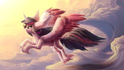 Size: 1366x768 | Tagged: safe, artist:locksto, twilight sparkle, alicorn, classical unicorn, pony, g4, bedroom eyes, chest fluff, cloud, cloudy, cloven hooves, ear fluff, female, fluffy, flying, horn, impossibly large ears, leonine tail, mare, sky, smiling, solo, spread wings, twilight sparkle (alicorn), unshorn fetlocks, wallpaper