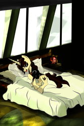 Size: 800x1200 | Tagged: safe, artist:pedrohander, oc, oc only, oc:gray compass, vampire, bed, bedroom, fangs, solo