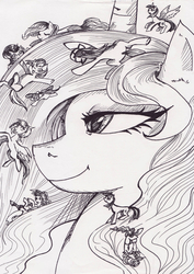 Size: 1240x1754 | Tagged: safe, artist:rykey2345, princess celestia, twilight sparkle, oc, g4, mane, micro, monochrome, sliding, tiny ponies, traditional art