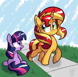 Size: 1429x1412 | Tagged: dead source, safe, artist:php92, sunset shimmer, twilight sparkle, pony, unicorn, g4, duo, female, filly, filly twilight sparkle, sitting, smiling, walking, younger