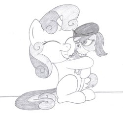 Size: 900x831 | Tagged: safe, artist:rmsaun98722, sweetie belle, dog, pony, unicorn, g4, drawing, duo, female, filly, foal, littlest pet shop, monochrome, my littlest pet shop: escape from equestria, smiling, traditional art, zoe trent