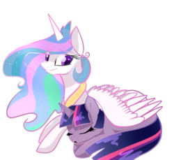 Size: 1024x937 | Tagged: safe, artist:rflzqt, princess celestia, twilight sparkle, pony, g4, awake, duo, full body, hug, looking at someone, side view, simple background, sleeping, teacher and student, transparent background, winghug, wings