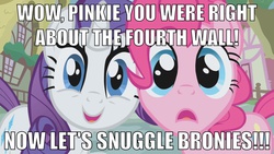 Size: 1280x720 | Tagged: safe, edit, edited screencap, screencap, pinkie pie, rarity, earth pony, pony, unicorn, g4, bronybait, cute, diapinkes, duo, fourth wall, fourth wall ponies, happy, image macro, imma snuggle you, looking at you, meme, raribetes, shocked, smiling, snuggling, text