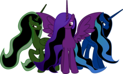 Size: 7287x4384 | Tagged: safe, artist:brisineo, oc, oc only, alicorn, pony, fallout equestria, absurd resolution, alicorn oc, artificial alicorn, blue alicorn (fo:e), fallout, fanfic, fanfic art, female, hooves, horn, mare, purple alicorn (fo:e), raised hoof, simple background, solo, spread wings, transparent background, trio, unity, vector, wings