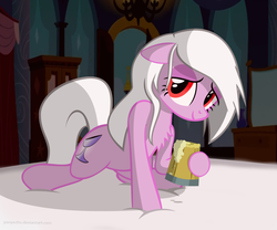 Size: 1200x1000 | Tagged: safe, artist:ponyecho, oc, oc only, oc:platinum chalice, bed, bed mane, bedroom eyes, beer, drink, female, red eyes, seductive, show accurate, solo, tankard, white mane