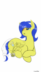 Size: 720x1280 | Tagged: safe, artist:trickydick, oc, oc only, oc:lemon frost, pegasus, pony, blushing, female, glass, lying down, signature, simple background, solo, white background