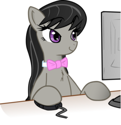 Size: 803x831 | Tagged: safe, artist:haetran, artist:reiduran, octavia melody, earth pony, pony, g4, amused, bow, bowtie, chest fluff, computer, female, hoof hold, mare, mousepad, reaction image, simple background, smiling, solo, transparent background, vector