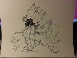 Size: 3264x2448 | Tagged: safe, artist:pikapetey, oc, oc only, oc:libby airspinner, pegasus, pony, earring, high res, ink, monochrome, respirator, solo, traditional art