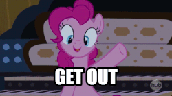 Size: 540x303 | Tagged: safe, edit, edited screencap, screencap, angel bunny, applejack, fluttershy, pinkie pie, rarity, spike, castle mane-ia, g4, abuse, animated, get out, image macro, meme, musical instrument, organ, organ to the outside, spikeabuse, spring