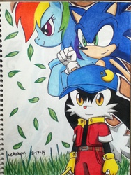 Size: 720x960 | Tagged: safe, artist:emichaca, rainbow dash, g4, crossover, drawing, grass, klonoa, leaf, lined paper, male, notebook, pac-man, sonic the hedgehog, sonic the hedgehog (series), traditional art