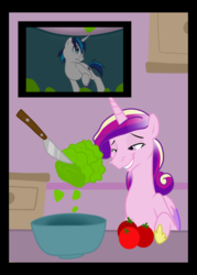 Size: 1500x2100 | Tagged: safe, artist:chubbyjam, princess cadance, shining armor, pony, unicorn, g4, a lover's surprise, comic, female, food, foodplay, imminent vore, knife, male, mare, micro, salad, salad bowl, ship:shiningcadance, shipping, stallion, straight