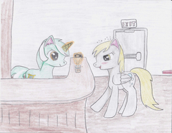 Size: 1102x850 | Tagged: dead source, safe, artist:acleus097, derpy hooves, pegasus, pony, g4, bar, blushing, drunk, duo, female, mare, traditional art