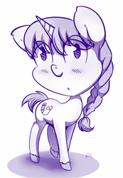 Size: 600x867 | Tagged: safe, artist:krucification, oc, oc only, oc:doodle bug, pony, unicorn, blushing, monochrome, solo