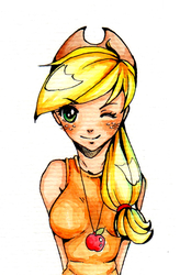 Size: 748x1138 | Tagged: safe, artist:frenky-chan, applejack, human, g4, female, humanized, looking at you, one eye closed, solo, traditional art