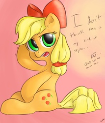 Size: 1080x1260 | Tagged: source needed, safe, artist:tremble, applejack, g4, bow, colored, cute, dialogue, female, offscreen character, pose, sitting, solo