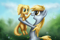 Size: 3000x2000 | Tagged: safe, artist:chickentech, derpy hooves, dog, pony, g4, bipedal, boop, female, happy, high res, solo