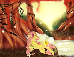 Size: 1019x784 | Tagged: safe, artist:sarah-loves-christmas, fluttershy, pegasus, pony, g4, female, floppy ears, flower, flower in hair, forest, lying down, mare, scenery, solo