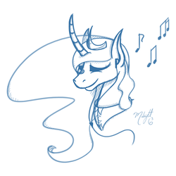 Size: 1000x1000 | Tagged: safe, artist:midnightsix3, princess luna, lunadoodle, g4, curved horn, earbuds, eyes closed, female, horn, monochrome, music notes, solo
