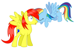 Size: 1023x679 | Tagged: safe, artist:masem, rainbow dash, oc, oc:crimson azure, g4, 5 bits, awkward, canon x oc, crimsondash, female, kissing, male, pay up, simple background, spread wings, straight, transparent background, wings