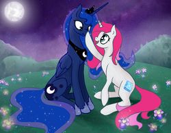 Size: 1500x1164 | Tagged: safe, artist:silfoe, princess luna, oc, g4, boop, flower, moon, night, scrunchy face