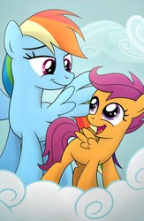 Size: 722x1107 | Tagged: safe, artist:drawponies, rainbow dash, scootaloo, pegasus, pony, g4, blank flank, cloud, female, filly, foal, lidded eyes, mare, on a cloud, open mouth, scootalove