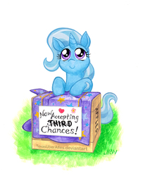 Size: 576x720 | Tagged: safe, artist:texasuberalles, trixie, pony, unicorn, g4, apple crate, box, c:, cape, clothes, cute, diatrixes, female, hat, leaning, looking up, mare, sitting, smiling, solo, traditional art, watercolor painting