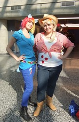 Size: 1330x2050 | Tagged: safe, applejack, rainbow dash, human, g4, cosplay, irl, irl human, photo