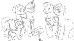 Size: 1889x1041 | Tagged: safe, artist:patch, doctor horse, doctor stable, night watch, nurse redheart, nurse sweetheart, nursery rhyme, vigilance, g4, belly, fake belly, female, male, monochrome, open mouth, pregnant, raised hoof, shipping, sign, sketch, smiling, stableheart, straight