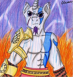 Size: 856x897 | Tagged: safe, artist:the1king, oc, oc only, oc:azure night, anthro, anthro oc, cosplay, crossover, fire, god of war, kratos, male, rain, rays, solo, traditional art