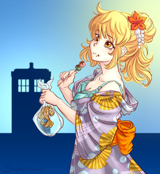 Size: 822x895 | Tagged: safe, artist:superkeen, derpy hooves, goldfish, human, g4, alternate hairstyle, bra, clothes, dango, deshabille, food, humanized, kanzashi, simple background, tardis, underwear, updo, wardrobe malfunction, yukata