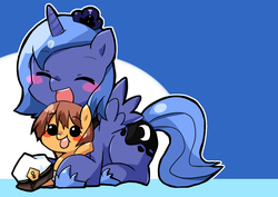 Size: 1200x850 | Tagged: safe, artist:gyaheung, princess luna, oc, oc:gyaheung, alicorn, pony, g4, blushing, cute, duo, eyes closed, filly, open mouth, woona