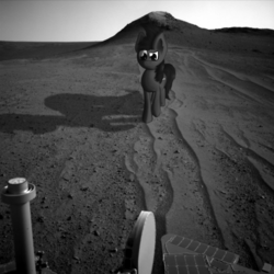 Size: 500x501 | Tagged: safe, artist:marsminer, oc, oc only, oc:mars miner, black and white, grayscale, irl, mars, mars on mars, monochrome, namesake, opportunity rover, photo, ponies in real life