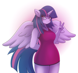 Size: 2613x2433 | Tagged: safe, artist:maishida, twilight sparkle, anthro, g4, clothes, dress, female, glasses, high res, peace sign, pixiv, solo, twilight sparkle (alicorn)