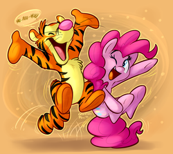 Size: 1100x980 | Tagged: safe, artist:thedoggygal, pinkie pie, big cat, earth pony, pony, tiger, g4, bouncing, chest fluff, crossover, cute, disney, female, happy, laughing, male, mare, one eye closed, tail bounce, tigger, wink, winnie the pooh