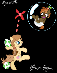 Size: 794x1006 | Tagged: safe, artist:oliver-england, button mash, oc, oc:cream heart, earth pony, pony, yoshi, g4, angry, baby, baby mario, black background, bubble, colt, cute, diaper, egg, female, hat, male, mare, mario, nintendo, parody, poofy diaper, propeller hat, simple background, yoshi's island, young