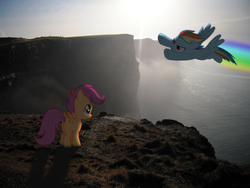 Size: 990x743 | Tagged: safe, rainbow dash, scootaloo, g4, cliff, flying, ocean, photoshop, sunset