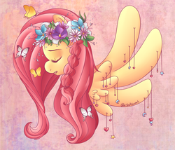 Size: 944x809 | Tagged: safe, artist:shellsweet, fluttershy, butterfly, pegasus, pony, g4, braid, bust, charm, eyes closed, female, floral head wreath, flower, mare, open mouth, portrait, profile, solo, spread wings, wings