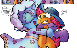 Size: 863x542 | Tagged: safe, artist:agnes garbowska, idw, babs seed, trixie, friendship is magic #22, g4, spoiler:comic, babxie, bone-crushing snuggles, clothes, disguise, happy