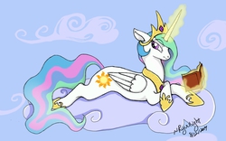 Size: 1280x800 | Tagged: safe, artist:ryuulight, princess celestia, alicorn, pony, g4, book, cloud, cloudy, female, magic, solo