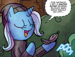 Size: 582x443 | Tagged: safe, artist:agnes garbowska, idw, trixie, pony, friendship is magic #22, g4, spoiler:comic, catsuit, pocket watch, sneaking suit