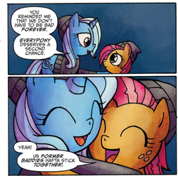 Size: 498x495 | Tagged: safe, artist:agnes garbowska, idw, official comic, babs seed, trixie, friendship is magic #22, g4, spoiler:comic, babxie, cute, eyes closed, hug, open mouth, smiling