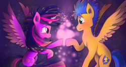 Size: 3046x1617 | Tagged: safe, artist:mugg1991, flash sentry, twilight sparkle, alicorn, pony, g4, eye contact, female, flying, heart, magic, male, mare, ship:flashlight, shipping, smiling, spread wings, straight, twilight sparkle (alicorn)