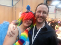 Size: 900x675 | Tagged: safe, artist:naelia12, rainbow dash, human, g4, cosplay, doug walker, irl, irl human, nostalgia critic, photo, smiling