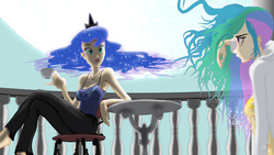 Size: 1920x1080 | Tagged: safe, artist:bipole, princess celestia, princess luna, human, g4, balcony, barefoot, chair, feet, humanized, messy mane, moon, night, sitting, skinny, table, teacup, thin, tired