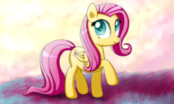 Size: 1000x600 | Tagged: safe, artist:nunitko, fluttershy, pegasus, pony, g4, female, looking up, mare, raised hoof, smiling, solo